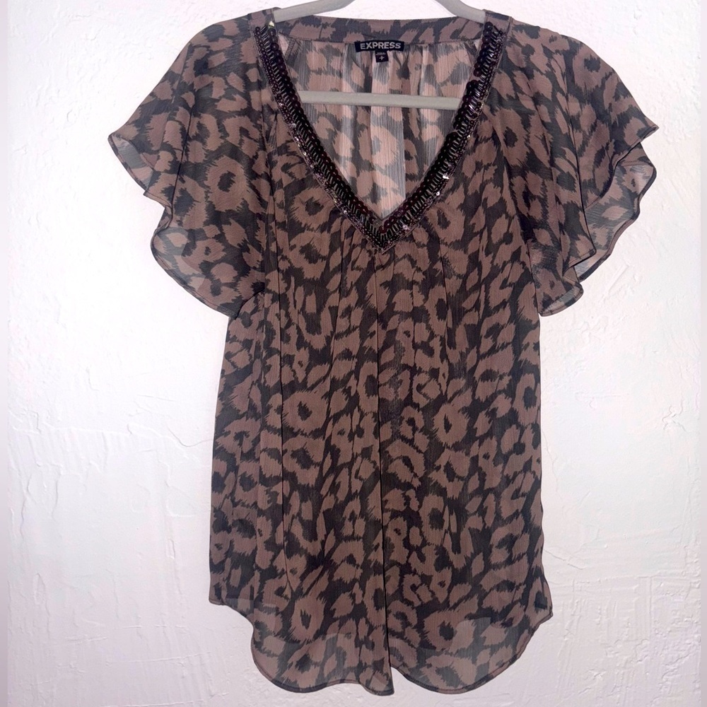Express Black & Tan Sheer Leopard Print Flutter Sleeve Blouse Size Small